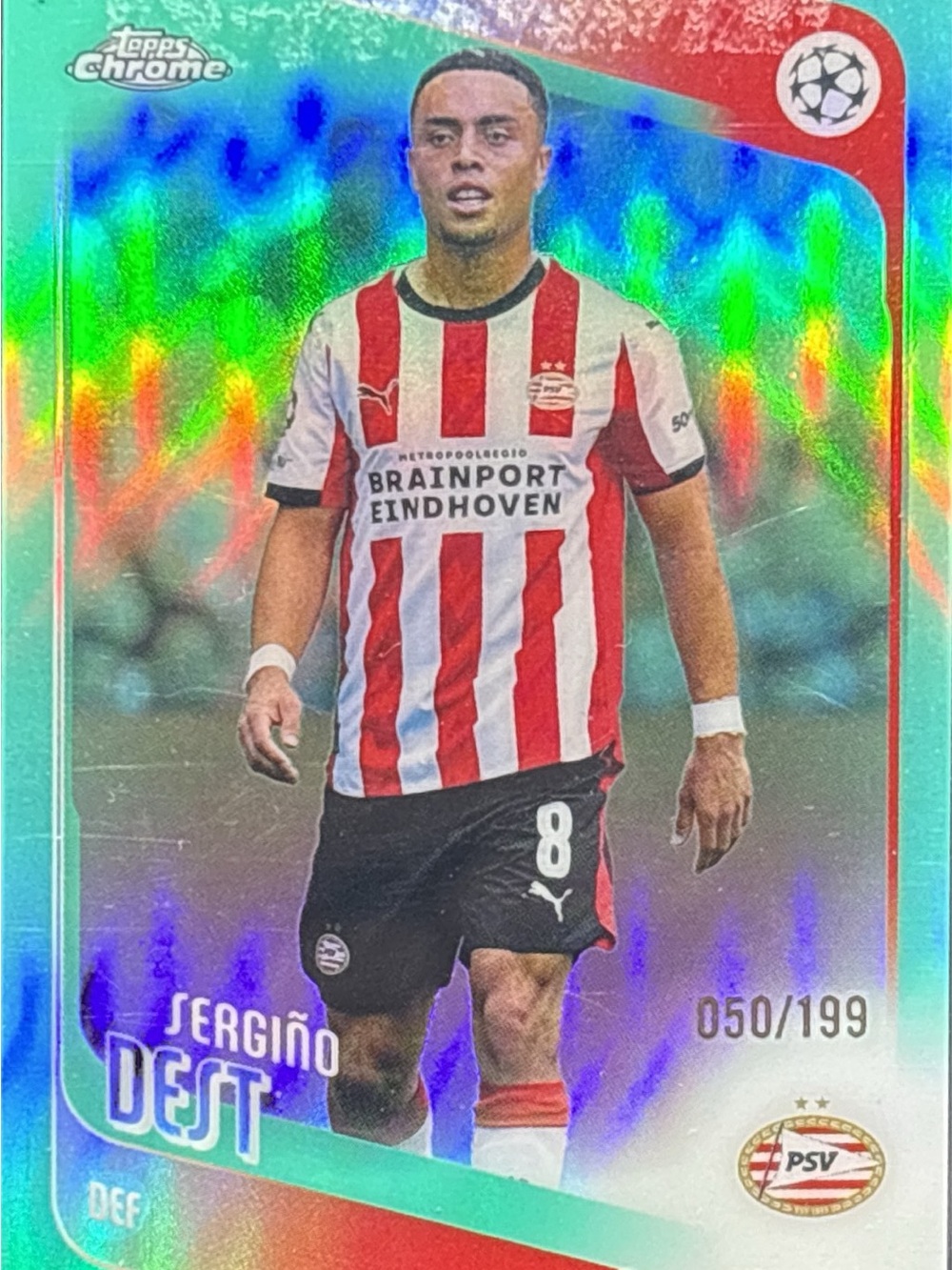 Topps Chrome PSV Eindhoven Sergino Dest Soccer Trading Card Aqua Prizm LE 50/199